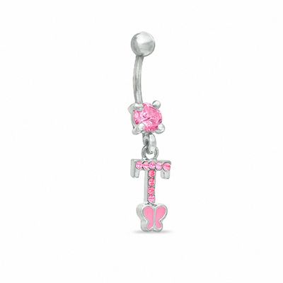 014 Gauge "T" and Butterfly Belly Button Ring with Pink Crystals in Stainless Steel