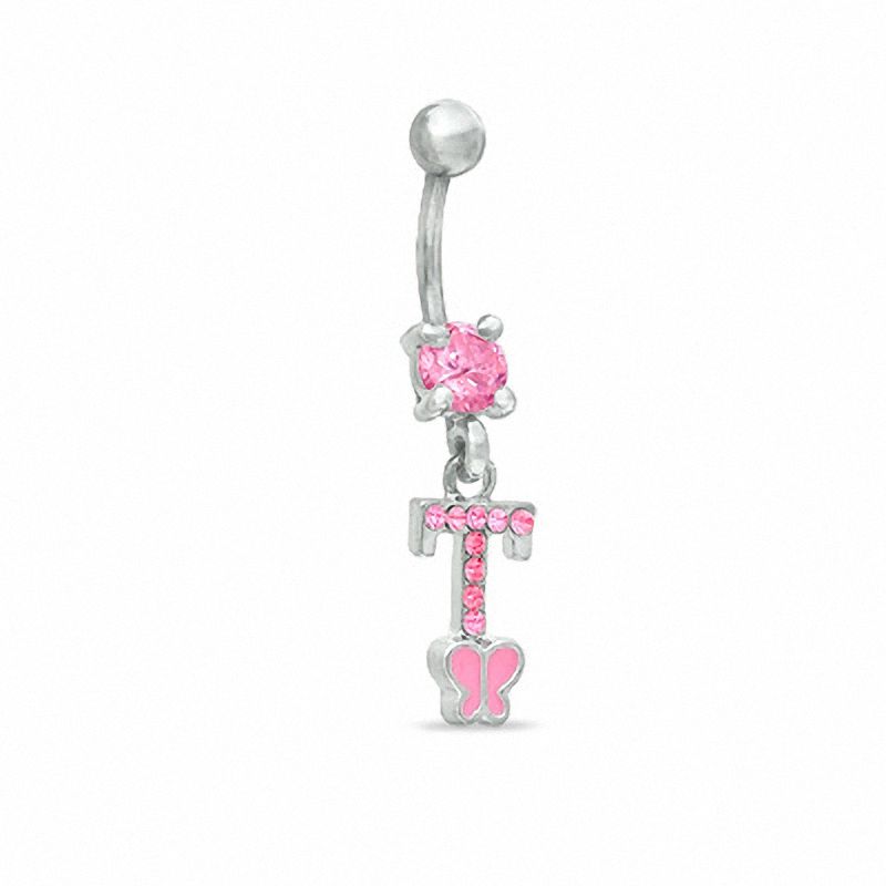 014 Gauge "T" and Butterfly Belly Button Ring with Pink Crystals in Stainless Steel