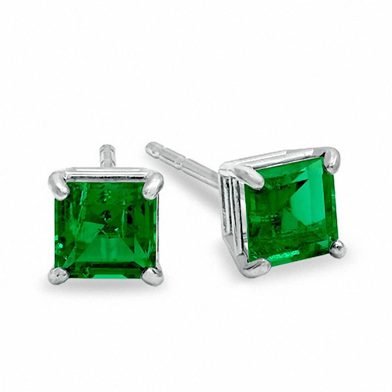 Main Image 1 of 4mm Princess-Cut Lab-Created Emerald Stud Earrings in 10K Gold
