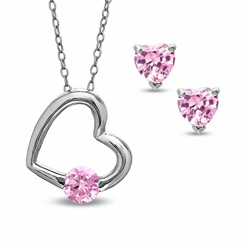 Main Image 1 of 5mm Pink Cubic Zirconia Heart Pendant and Heart-Shaped Stud Earrings Set in Sterling Silver