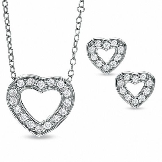 Cubic Zirconia Open Heart Pendant and Earrings Set in Sterling Silver
