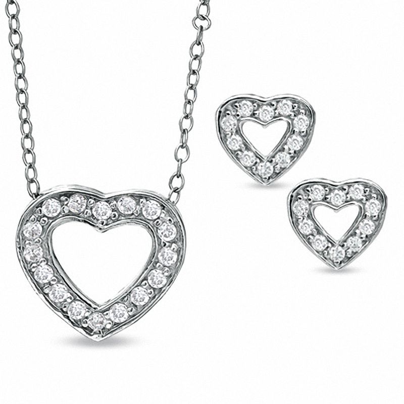 Main Image 1 of Cubic Zirconia Open Heart Pendant and Earrings Set in Sterling Silver