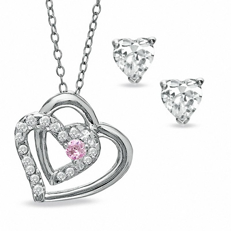 Main Image 1 of Pink and White Cubic Zirconia Intertwined Heart Pendant and Stud Earrings Set in Sterling Silver