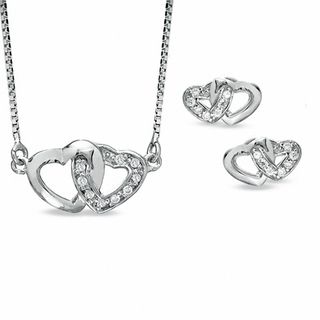 Cubic Zirconia Double Heart Pendant and Earrings Set in Sterling Silver