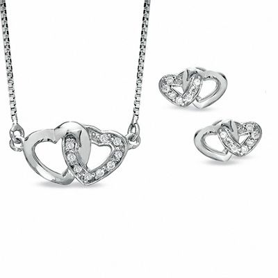 Cubic Zirconia Double Heart Pendant and Earrings Set in Sterling Silver