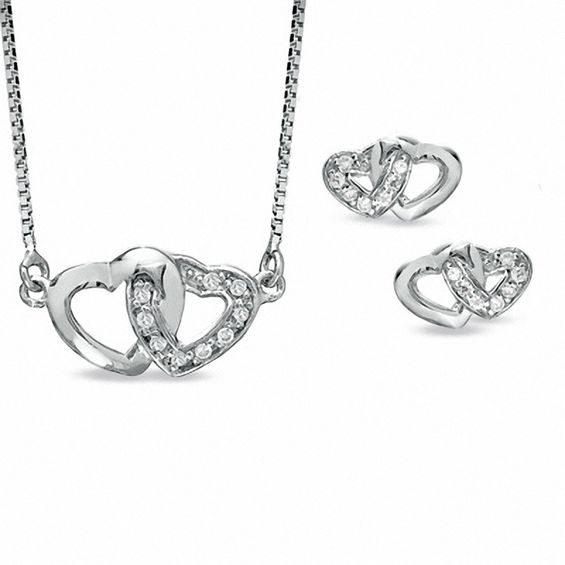 Cubic Zirconia Double Heart Pendant and Earrings Set in Sterling Silver