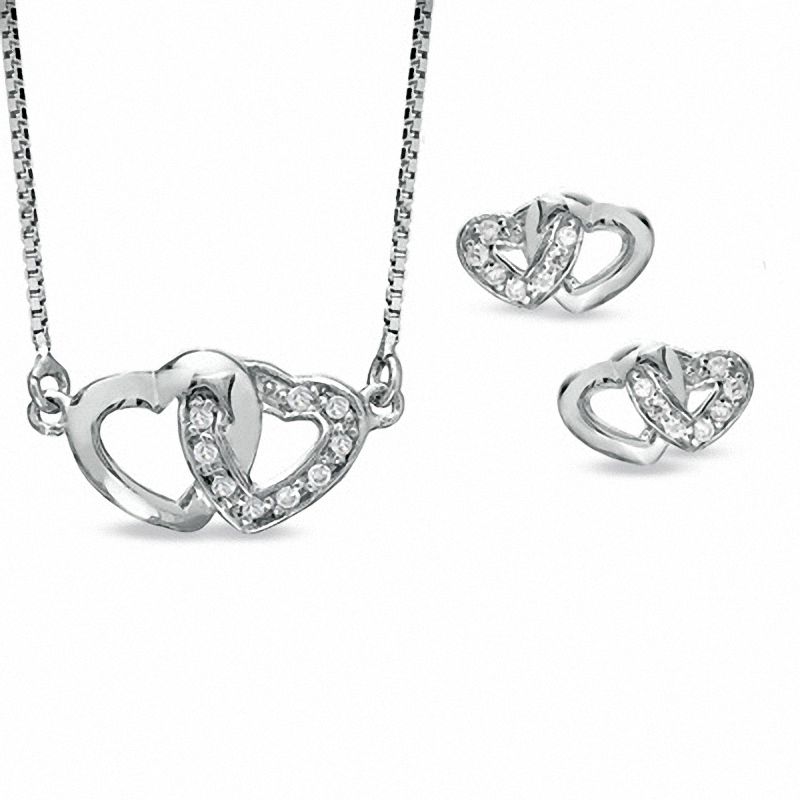 Cubic Zirconia Double Heart Pendant and Earrings Set in Sterling Silver
