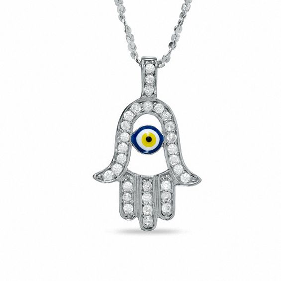 Cubic Zirconia Hamsa with Glass Evil Eye Pendant in Sterling Silver