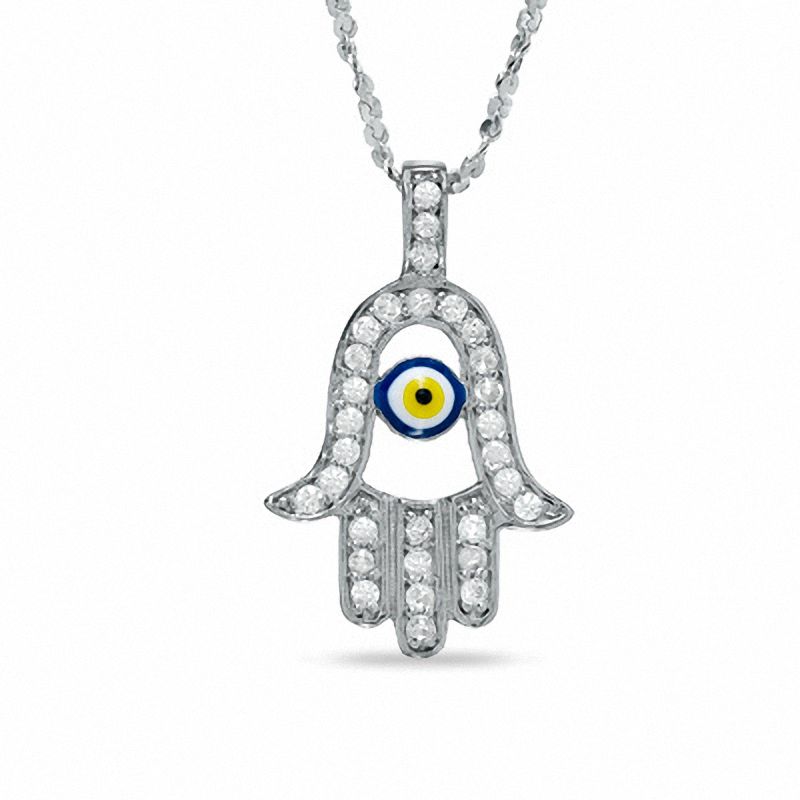 Main Image 1 of Cubic Zirconia Hamsa with Glass Evil Eye Pendant in Sterling Silver