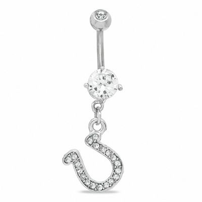 014 Gauge  Horseshoe Dangle Belly Button Ring with Crystals and Cubic Zirconia in Stainless Steel - 3/8"