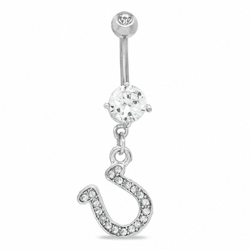 014 Gauge  Horseshoe Dangle Belly Button Ring with Crystals and Cubic Zirconia in Stainless Steel - 3/8"