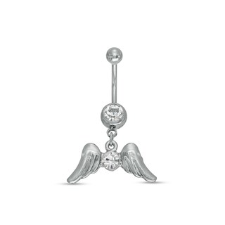 014 Gauge Wing Dangle Belly Button Ring with Crystals in Stainless Steel - 3/8"