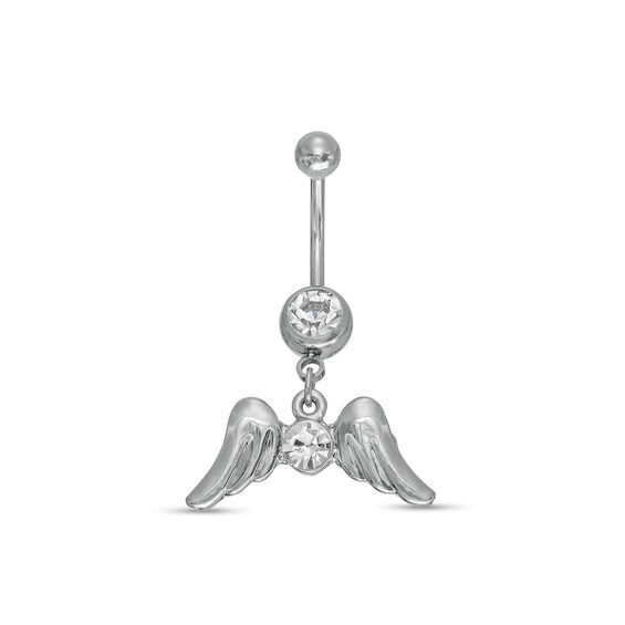 014 Gauge Wing Dangle Belly Button Ring with Crystals in Stainless Steel - 3/8"