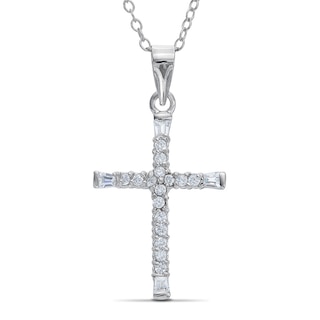 Solid Sterling Silver CZ Cross Pendant - 18"
