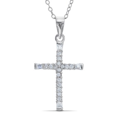 Solid Sterling Silver CZ Cross Pendant - 18"