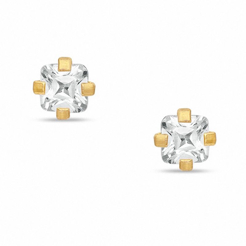 3mm Princess-Cut Cubic Zirconia Solitaire Stud Piercing Earrings in Solid Stainless Steel with 24K Gold Plate