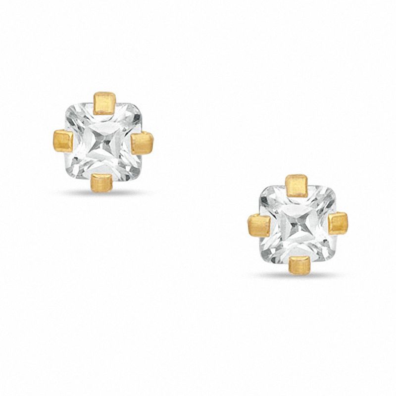 Main Image 1 of 3mm Princess-Cut Cubic Zirconia Solitaire Stud Piercing Earrings in Solid Stainless Steel with 24K Gold Plate