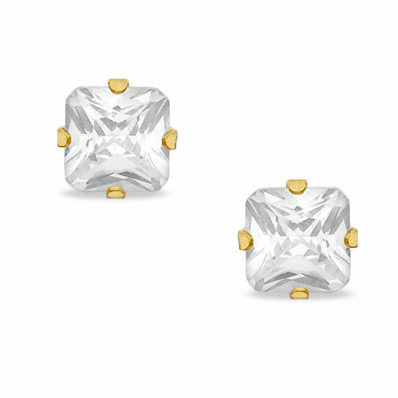 6mm Princess-Cut Cubic Zirconia Solitaire Stud Piercing Earrings in Solid  Stainless Steel with 24K Gold Plate