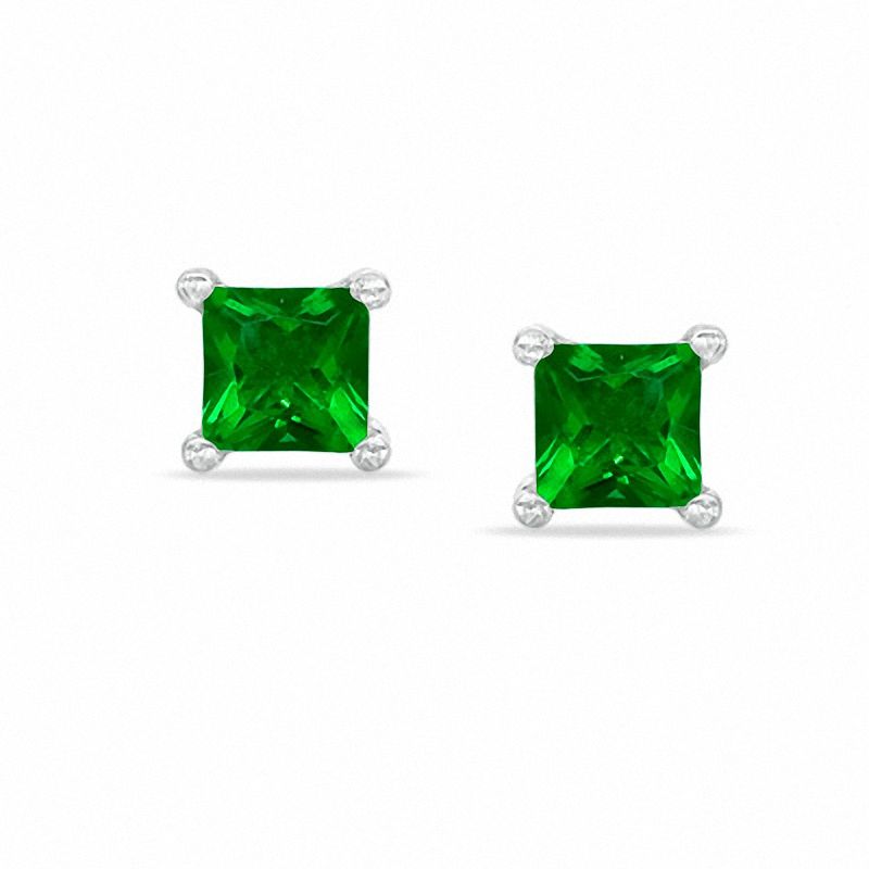 4mm Square-Cut Simulated Emerald Stud Earrings in Sterling Silver
