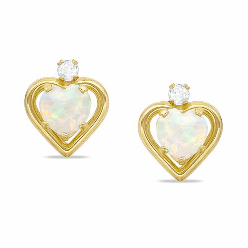 Main Image 1 of 5mm Heart-Shaped Simulated Opal Stud Earrings in Sterling Silver with 14K Gold Plate with CZ