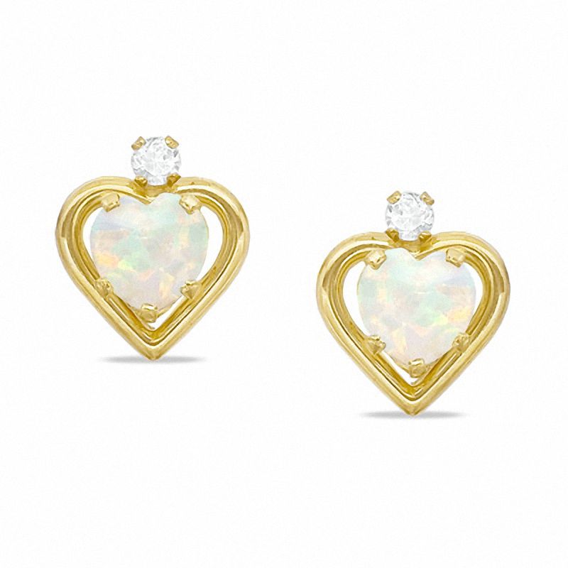 5mm Heart-Shaped Simulated Opal Stud Earrings in Sterling Silver with 14K Gold Plate with CZ