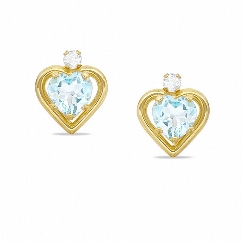 5mm Heart-Shaped Simulated Blue Topaz Stud Earrings in Sterling Silver with 14K Gold Plate with CZ