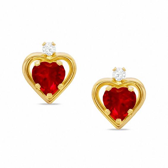 5mm Heart-Shaped Lab-Created Ruby Stud Earrings in Sterling Silver with 14K Gold Plate with CZ