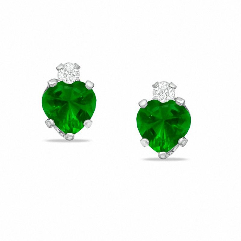 5mm Heart-Shaped Simulated Emerald Stud Earrings in Sterling Silver with CZ