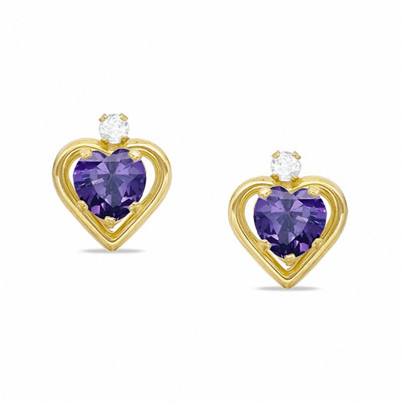 Main Image 1 of 5mm Heart-Shaped Simulated Amethyst Stud Earrings in Sterling Silver with 14K Gold Plate with CZ