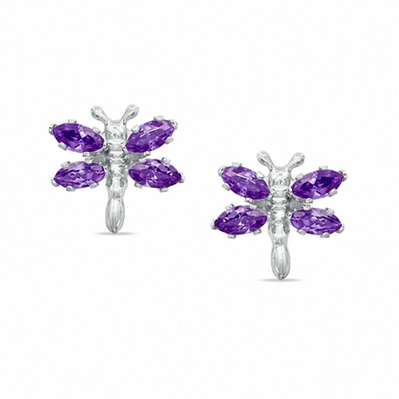 Main Image 1 of Marquise Simulated Amethyst Dragonfly Stud Earrings in Sterling Silver