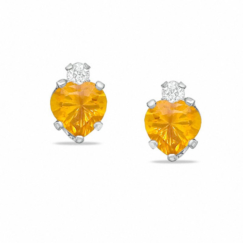 5mm Heart-Shaped Simulated Citrine Stud Earrings in Sterling Silver with CZ