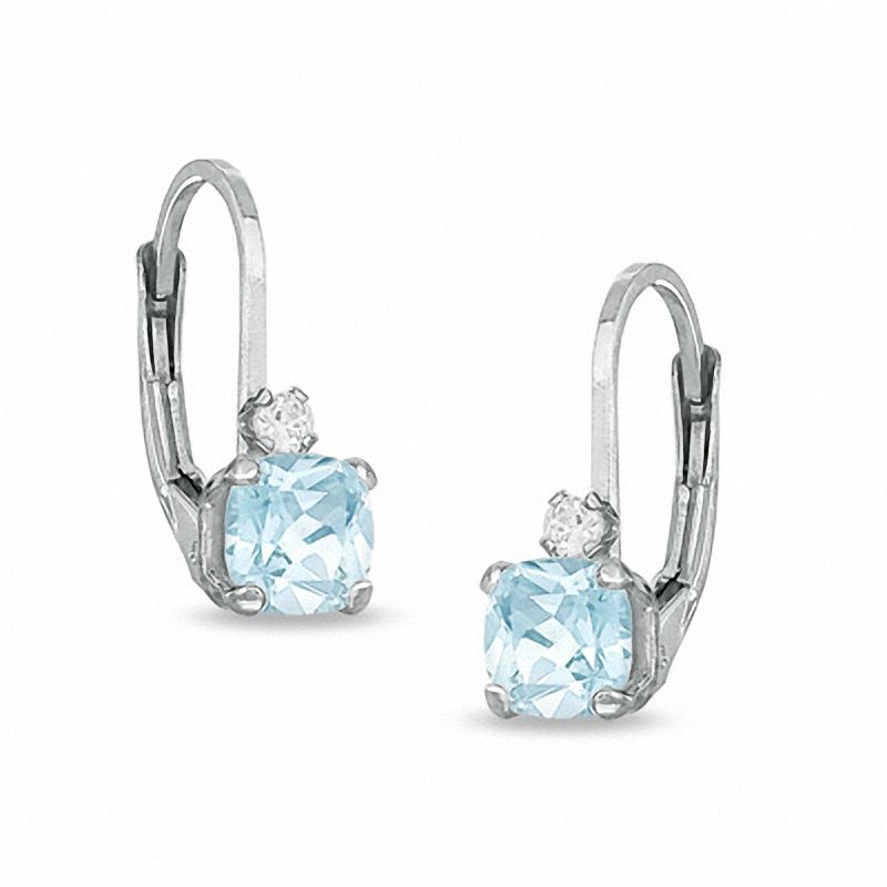 Main Image 1 of 5mm Cushion-Cut Simulated Aquamarine Leverback Earrings in Sterling Silver with CZ