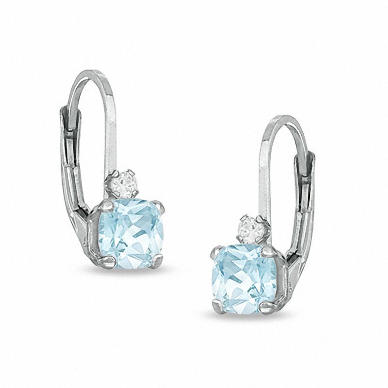 5mm Cushion-Cut Simulated Aquamarine Leverback Earrings in Sterling Silver with CZ