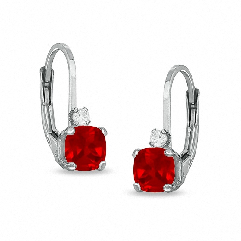 Cushion-Cut Lab-Created Ruby Leverback Earrings in Sterling Silver with CZ