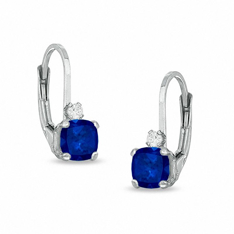 Main Image 1 of Cushion-Cut Simulated Sapphire Leverback Earrings in Sterling Silver with CZ