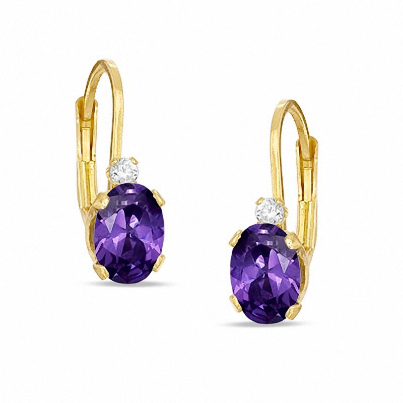 Oval Simulated Amethyst and CZ Leverback Earrings in Sterling Silver with 14K Gold Plate