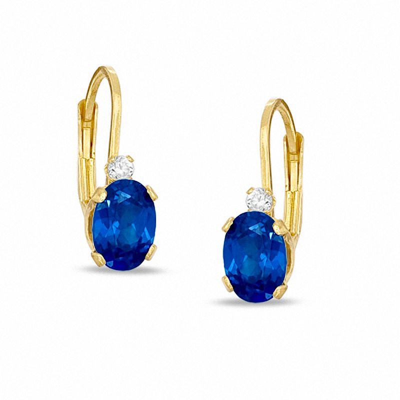Main Image 1 of Oval Simulated Sapphire and CZ Leverback Earrings in Sterling Silver with 14K Gold Plate