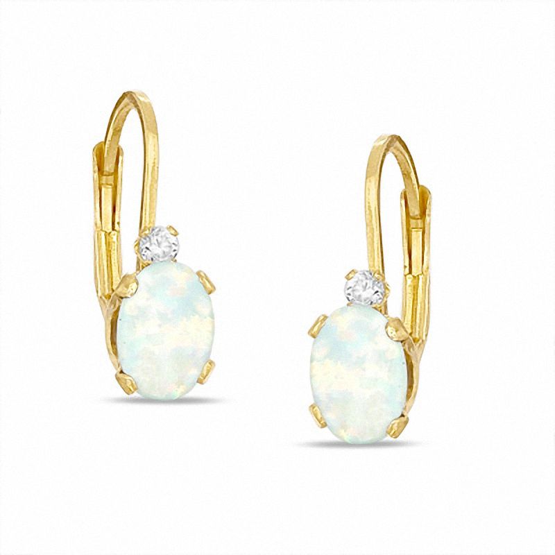Oval Simulated Opal and CZ Leverback Earrings in Sterling Silver with 14K Gold Plate