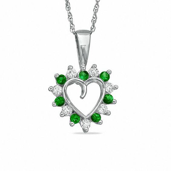 Alternating Simulated Emerald and CZ Heart Pendant in Sterling Silver