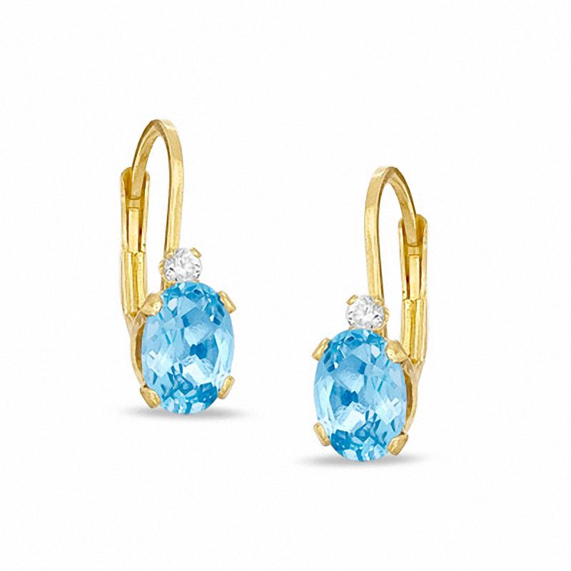 Oval Simulated Blue Topaz and CZ Leverback Earrings in Sterling Silver with 14K Gold Plate