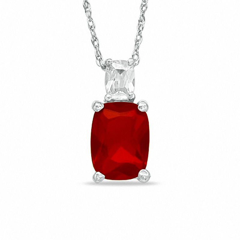 Main Image 1 of Cushion-Cut Simulated Garnet Pendant in Sterling Silver with CZ
