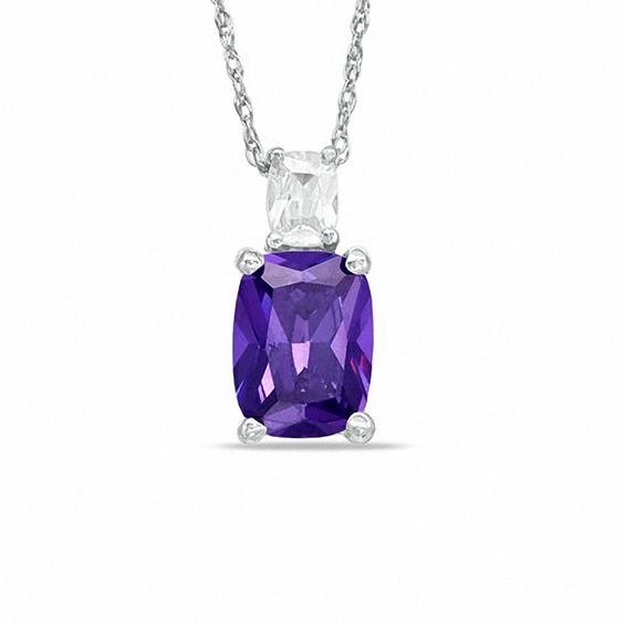 Cushion-Cut Simulated Amethyst Pendant in Sterling Silver with CZ