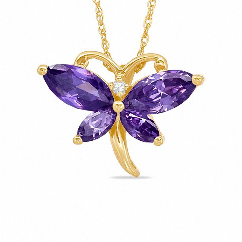 Main Image 1 of Marquise Simulated Amethyst and CZ Butterfly Pendant in Sterling Silver with 14K Gold Plate