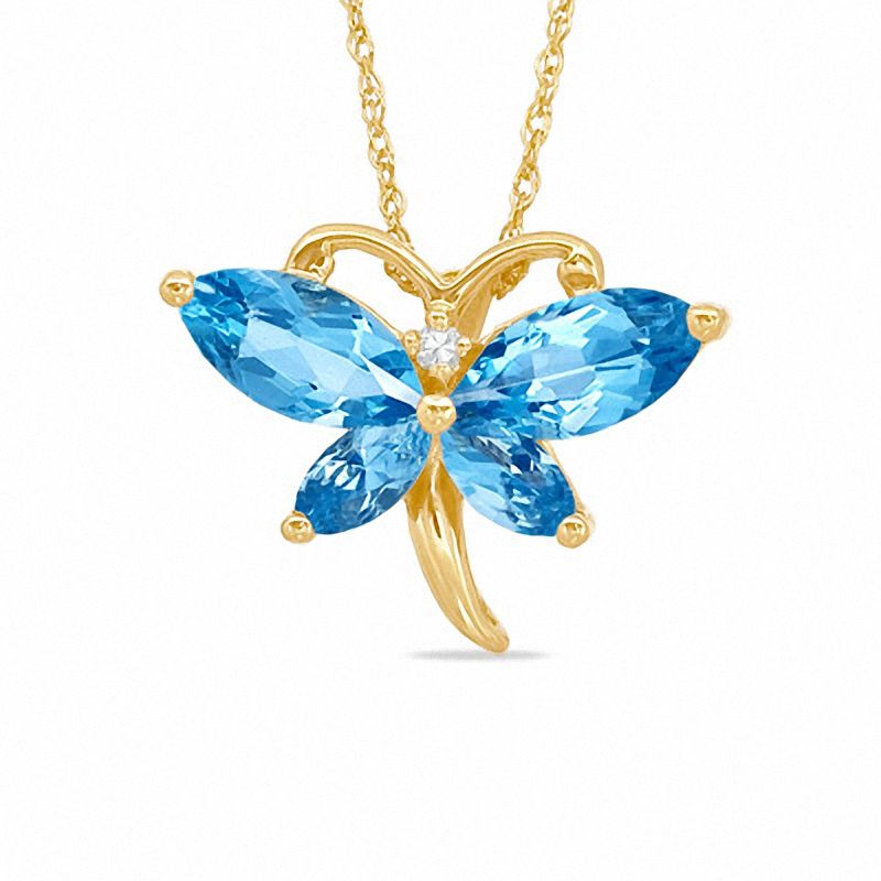 Main Image 1 of Marquise Simulated Blue Topaz and CZ Butterfly Pendant in Sterling Silver with 14K Gold Plate
