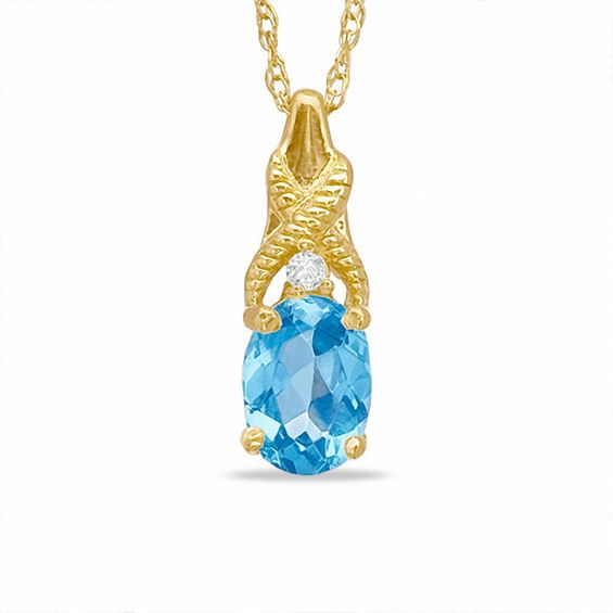 Oval Simulated Blue Topaz and CZ Pendant in Sterling Silver with 14K Gold Plate