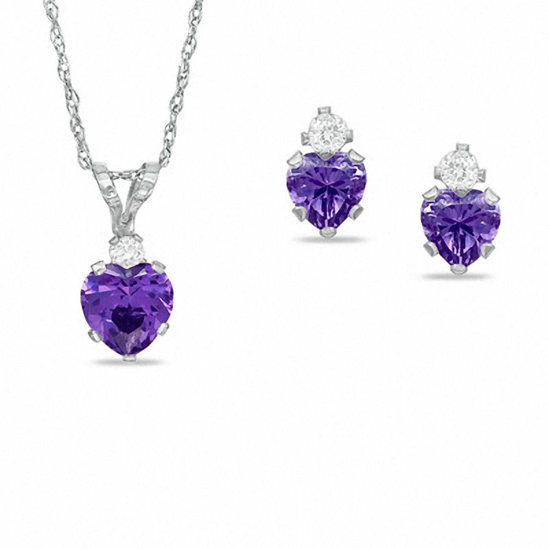 Heart-Shaped Simulated Amethyst Pendant and Earrings Set in Sterling Silver with CZ