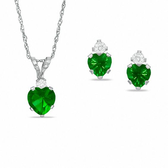 Heart-Shaped Simulated Emerald Pendant and Earrings Set in Sterling Silver with CZ