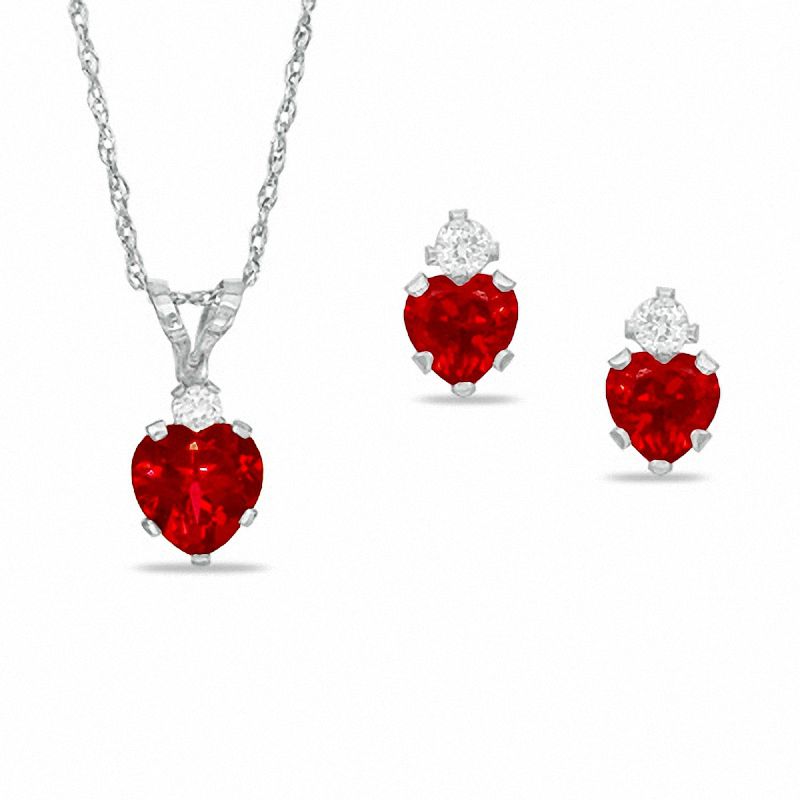Heart-Shaped Lab-Created Ruby Pendant and Earrings Set in Sterling Silver with CZ