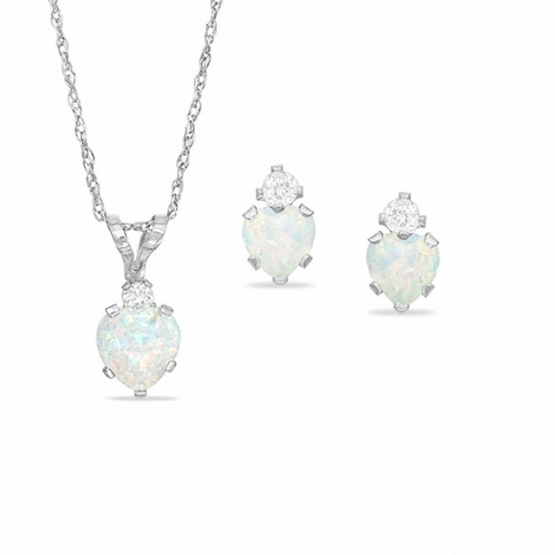 Main Image 1 of Heart-Shaped Simulated Opal Pendant and Earrings Set in Sterling Silver with CZ