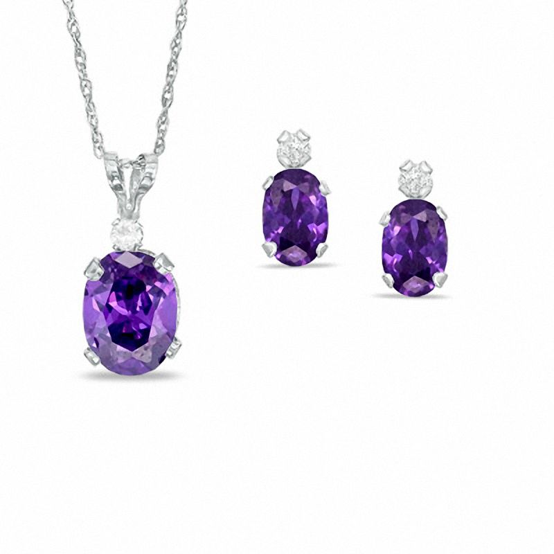 Main Image 1 of Oval Simulated Amethyst Pendant and Earrings Set in Sterling Silver with CZ